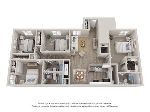 Floor plan for 4 beds, 3 baths, 1405 sqft